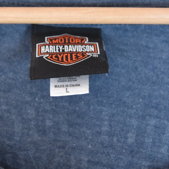 Harley Davidson Skull Wings Tee Size L Blue Biker Rocker Grunge y2k - Picture 5 of 7